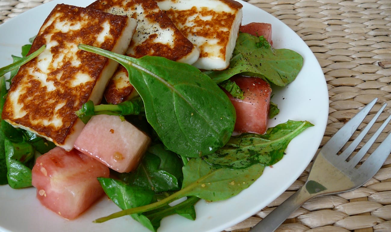 Halloumi, salade et melon.