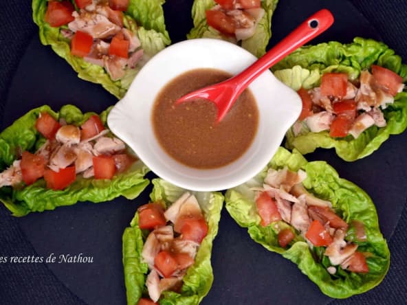 Sucrines au poulet et tomates, vinaigrette à la moutarde, balsamique et citron