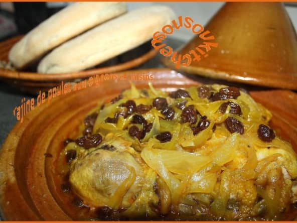 Tajine de poulet, oignons et raisins