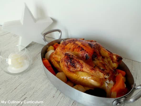 Poularde au miel et épices farcie au foie gras et ses légumes d'hiver