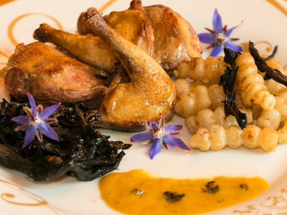 Pigeons rôtis aux crosnes et aux trompettes