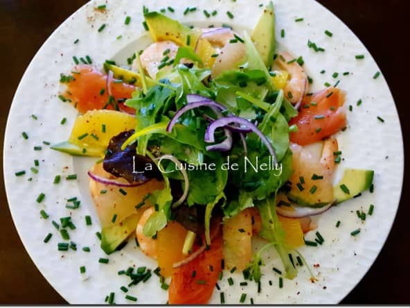 Salade aux Agrumes, Avocat, Crevettes et Truite fumée