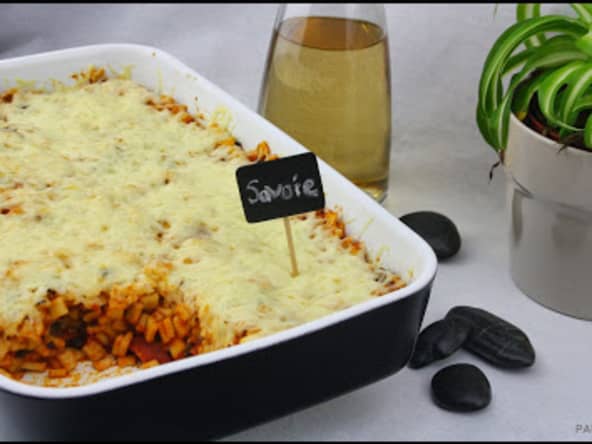 Gratin de Crozets tomate champignons et chorizo