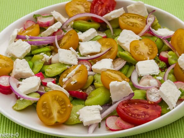 Salade de fèves, radis, fêta et menthe