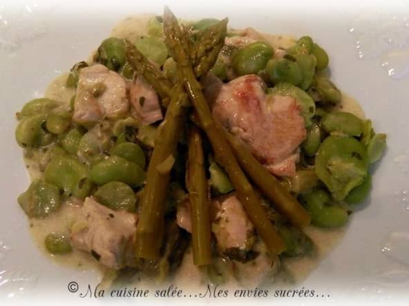 Aiguillettes de poulet, fèves et asperges