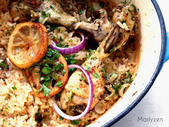 Poulet à la grecque et son riz citronné