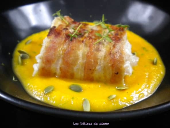 Dos de cabillaud en croûte de lard et purée de courge butternut
