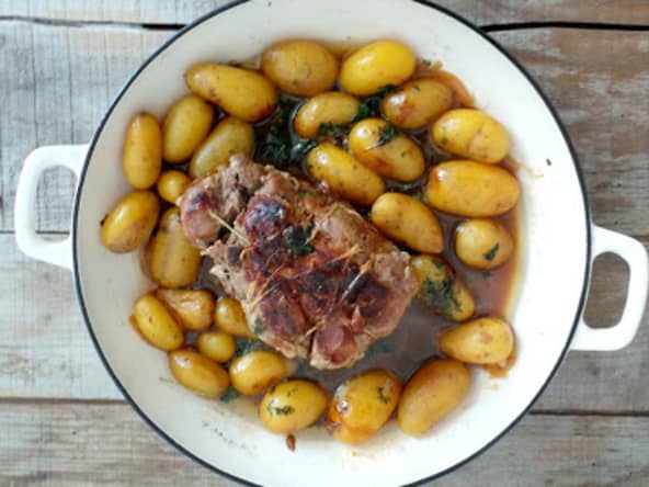 Rôti de porc sauce soja et ses pommes de terre grenailles en cocotte