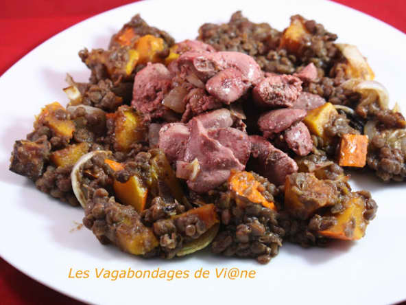 Salade tiède de lentilles et potimarron aux foies de volaille