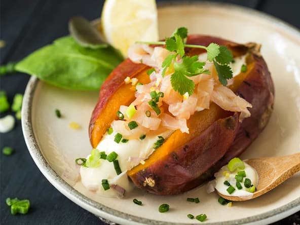 Patate douce en robe des champs au saumon fumé sauvage