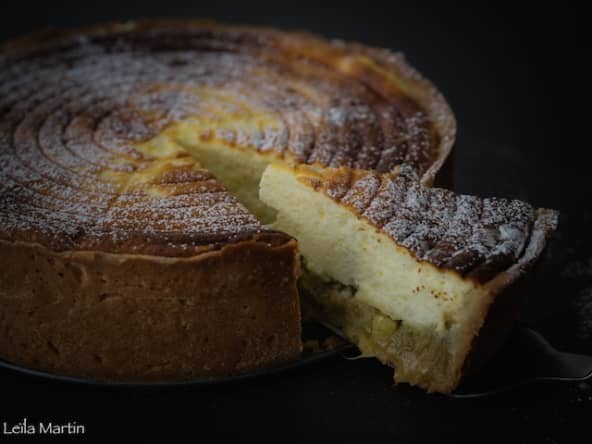 Käsekuchen, tarte au fromage blanc à la rhubarbe