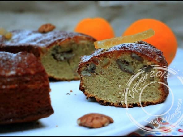 Gâteau à la noix de pécan, orange confite et miel