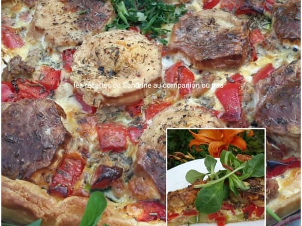Tarte salée ou quiche courgette poivron thon herbes de Provence et fromage bûche de chèvre