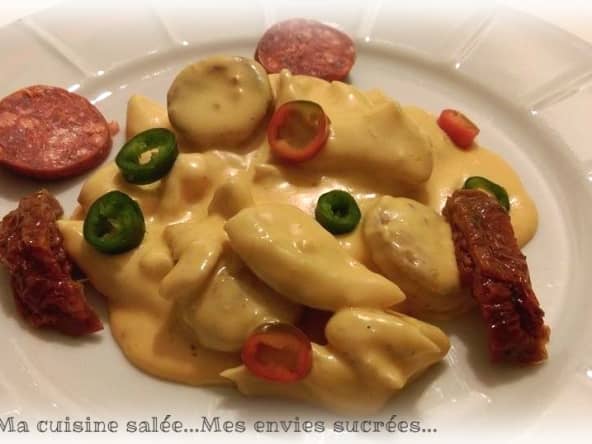 Aiguillettes de poulet sauce crémeuse au chorizo et spaghetti