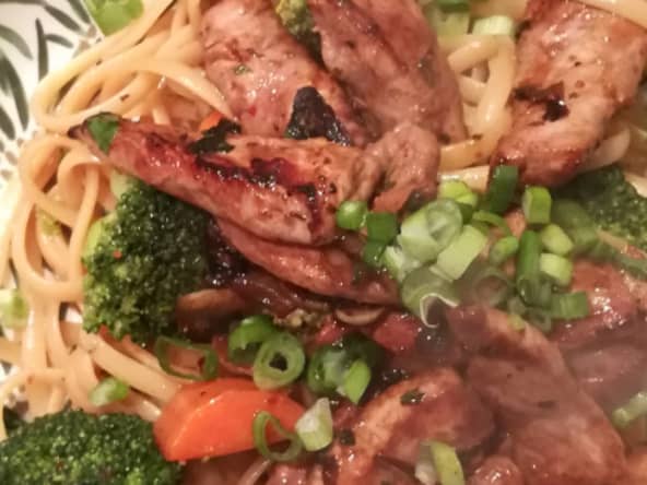 Poêlée de spaghettis et aiguillettes de canard