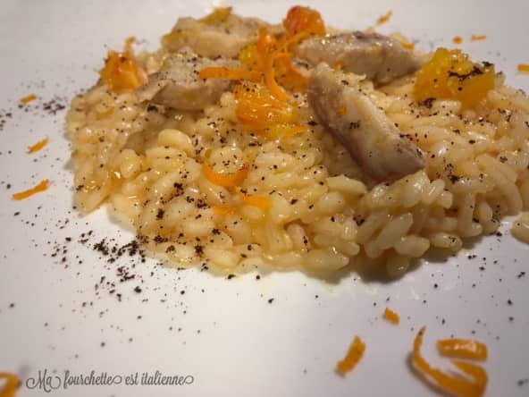 Risotto original à l’orange, filet de maquereau et café