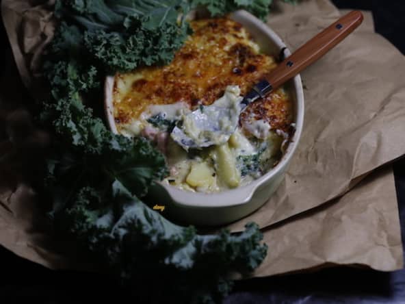 Gratin de chou kale, lardons et pommes de terre
