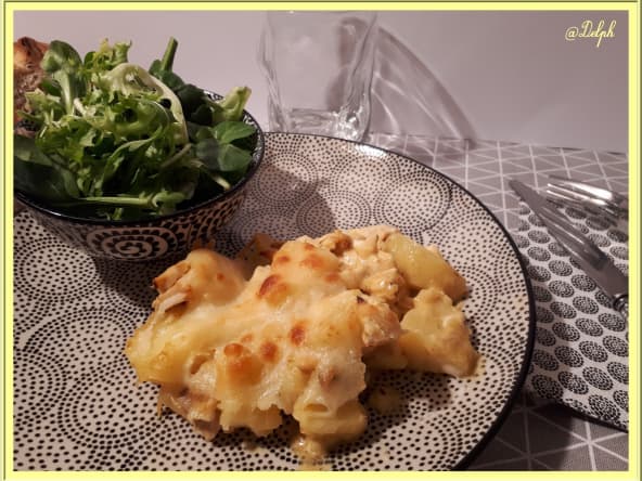 Gratin de pommes de terre, poulet rôti et Mozzarella