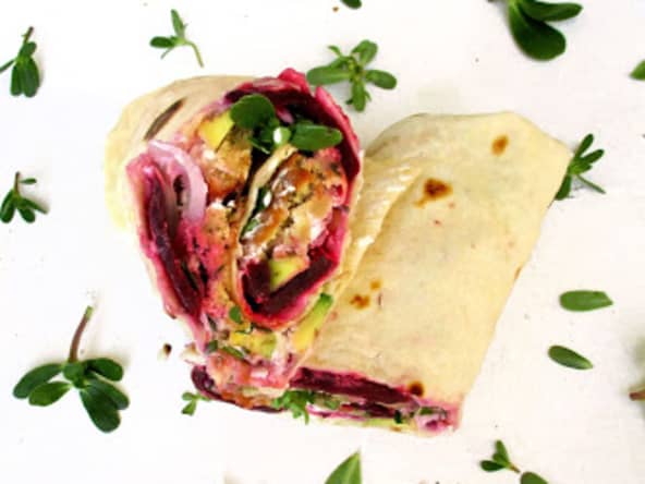 Wraps falafels, avocat, betterave et pourpier
