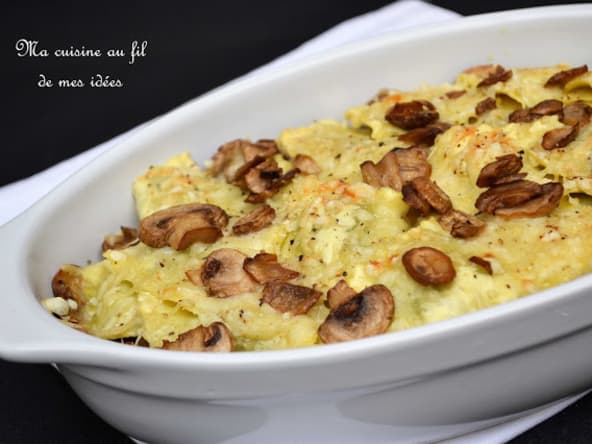 Gratin de raviolis ricotta-basilic aux champignons de Paris