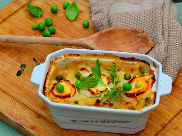 Lasagnes au poulet, petits légumes et bûche de chèvre frais