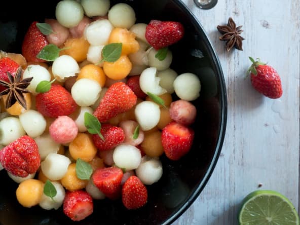 Salade aux 2 melons, pêche et fraise à la badiane