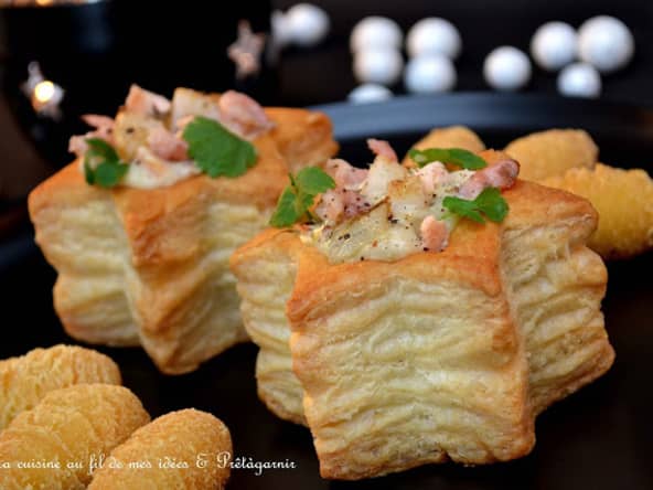 Feuilletés au saumon, noix de Saint-Jacques, chicons et crevettes grises