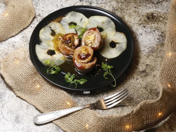 Roulés de canard au foie gras et caramel de pomme