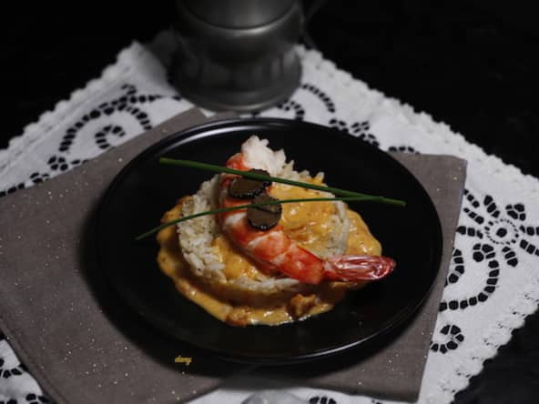Riz complet façon risotto gambas et sauce tomate truffée