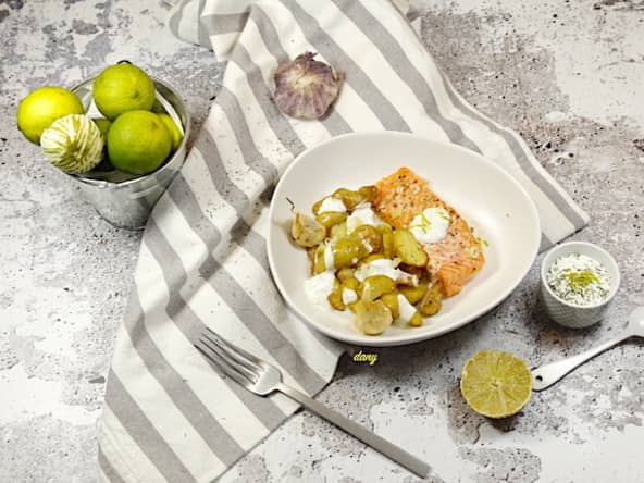 Saumon pommes de terre primeurs citron vert et fromage blanc
