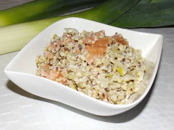 Quinoa et boulgour au poireau, roquefort et saumon fumée