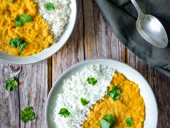 Dhal ou curry de lentilles corail et pois chiches