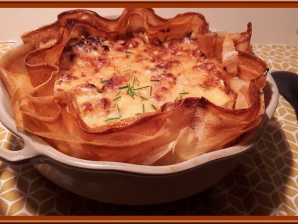 Gratin d’oignons, de poireaux et de jambon en brick