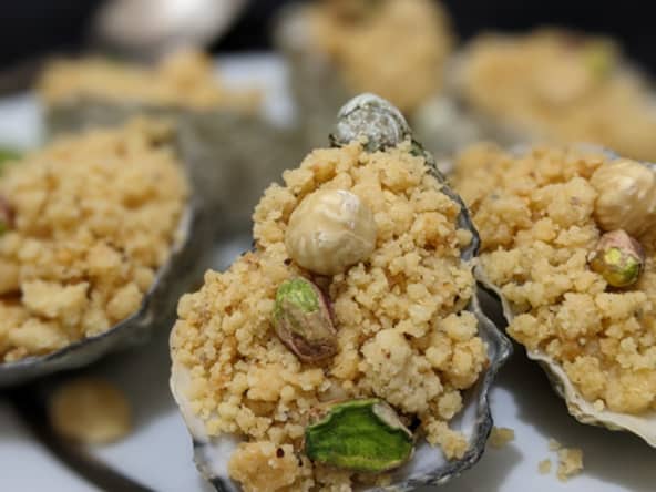 Huîtres chaudes, Crumble de Noisettes