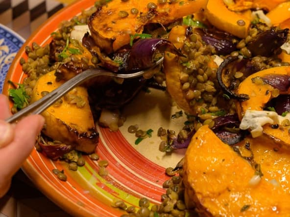Butternut rôtie, lentilles et gorgonzola d'après Yotam Ottolenghi 