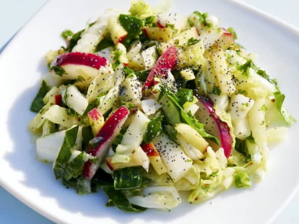 Salade de crudités printanières, pesto d'orties et pissenlits