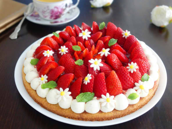Tarte aux fraises sur sablé breton et crème mascarpone vanille