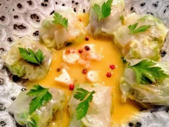 Ravioles d’huîtres et crevettes au curry de Madras