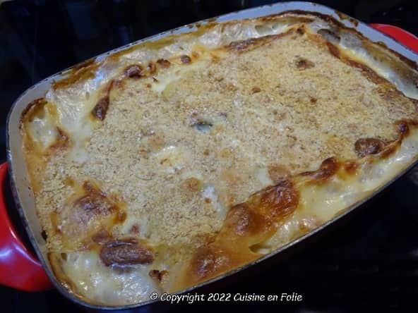 Gratin chou fleur, pommes de terre, poitrine fumée et cancoillote