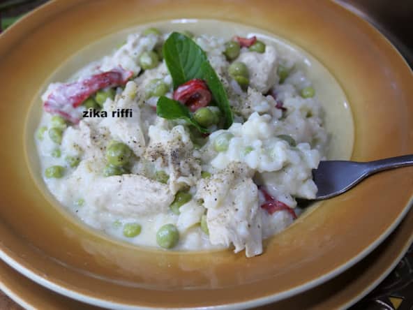 Risotto rise e bisi aux aiguillettes de poulet