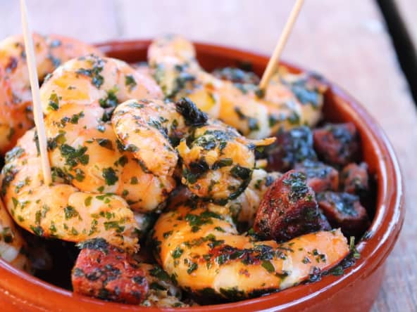 Plancha de crevettes au chorizo