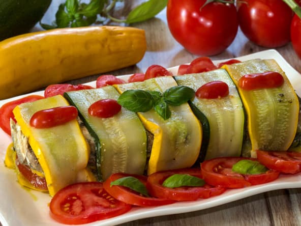 Terrine de courgettes, sardines, tomates et pesto