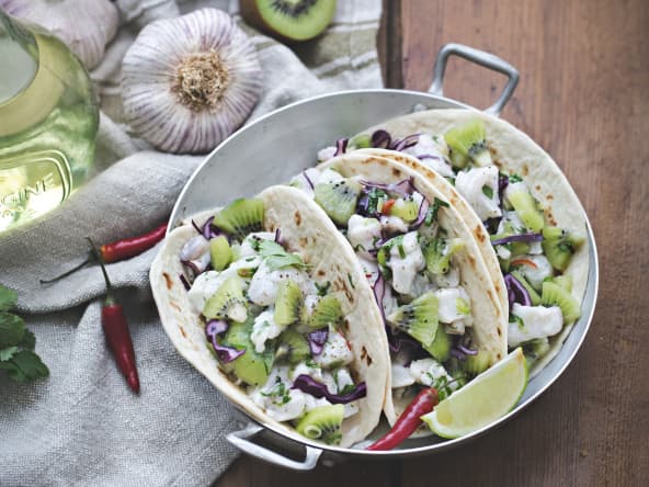 Tacos de ceviche de cabillaud au kiwi