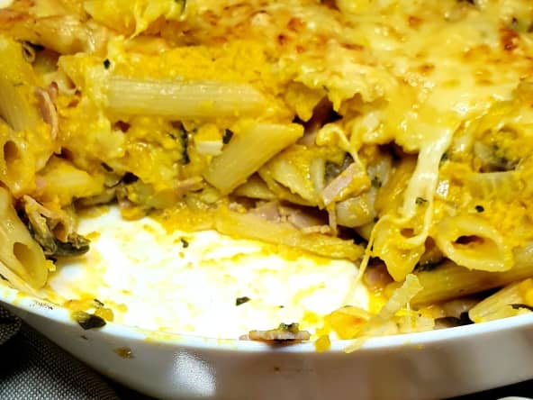 Gratin de pennes aux champignons, sauce potimarron