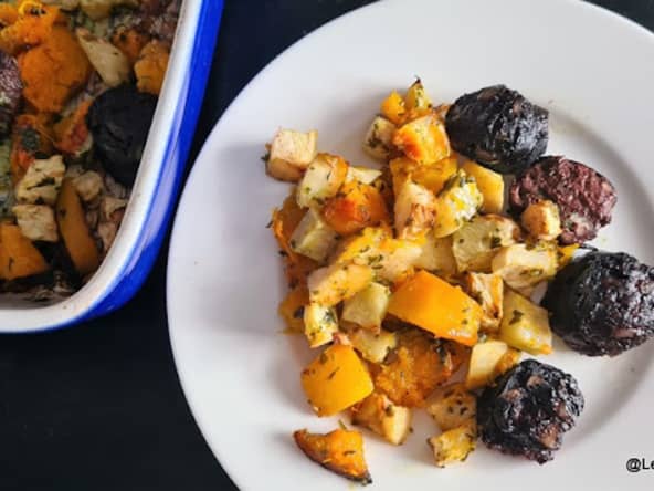 Dés de butternut et de céleri rave rôtis et boudin noir