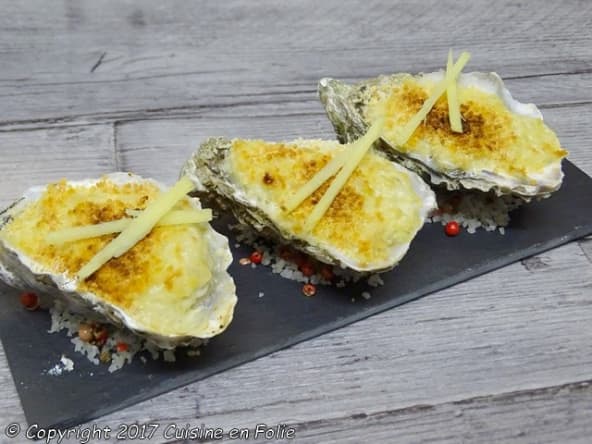 Huîtres gratinées poireaux, gingembre et wasabi