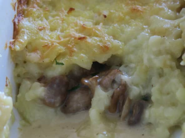 Gâteau de pommes de terre aux champignons et cancoillotte