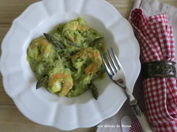 Konjac à la crème d'asperges et crevettes - une recette light