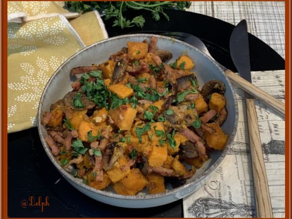 Poêlée de patate douce, champignons et bacon