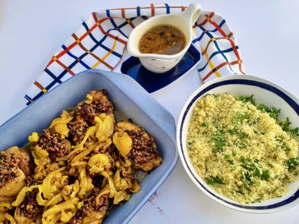 Poulet mariné au safran, noisettes et miel